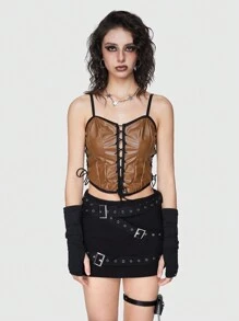 ROMWE Grunge Punk Vintage Y2K Leather Patchwork Front Lace-Up Design Women's Slip Camisole - Coffee Brown - View 6