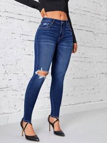 SHEIN Privé Rách Raw Hem Quần jean ôm - Rửa tối - Xem 5