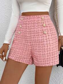 SHEIN Frenchy Kẻ sọc Chi tiết Nút Quần short - Hồng - Xem 3