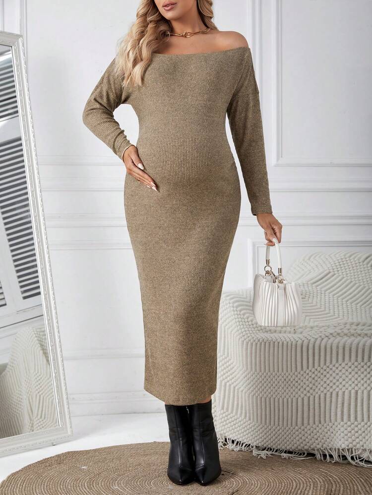 Pregnant Women'S Solid Color Slit Backless Off Shoulder Dress For Maternity