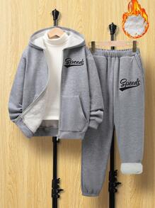 SHEIN EZwear Women'S Plus Size Hooded Zipper Sweatshirt And Jogger Knit Two-Piece Set With Letter Print - Light Grey - View 1