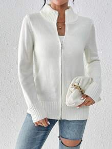 SHEIN Clasi 女款純色拉鍊設計雙口袋開襟衫 - 白色 - 查看 3