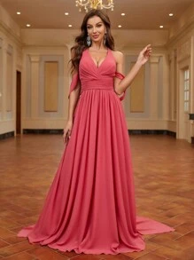 SHEIN Belle 女士v領全晚禮服露背露肩大摺邊禮服（重型） - 玫紅色 - 查看 3