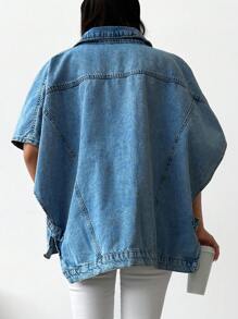 Cottnline Loose Fit Casual Half Sleeve Denim Jacket - Dark Wash - View 2