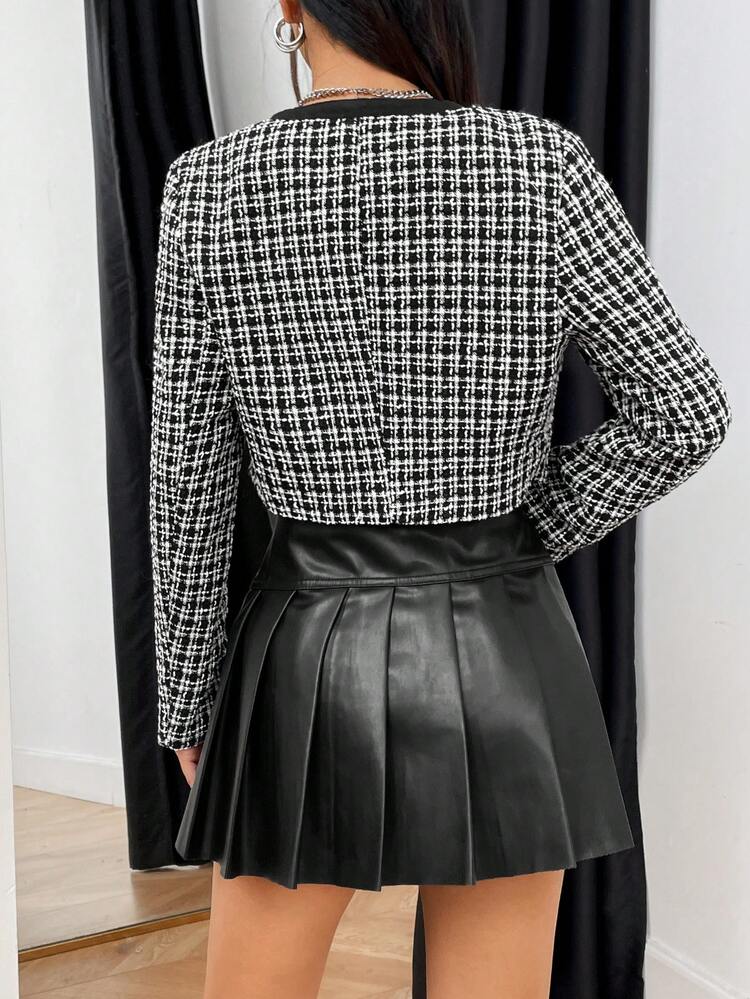 Plaid Pattern Contrast Trim Crop Tweed Overcoat