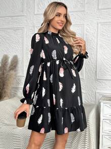 SHEIN 孕婦羽毛圖案立領長袖腰帶連衣裙 - 黑色 - 查看 4