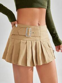 SHEIN EZwear 低腰扣細節百褶裙 - 駝色 - 查看 4