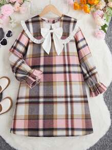 SHEIN 少女蝴蝶結前方聲明領襯衫袖子格紋洋裝 - 彩色 - 查看 1
