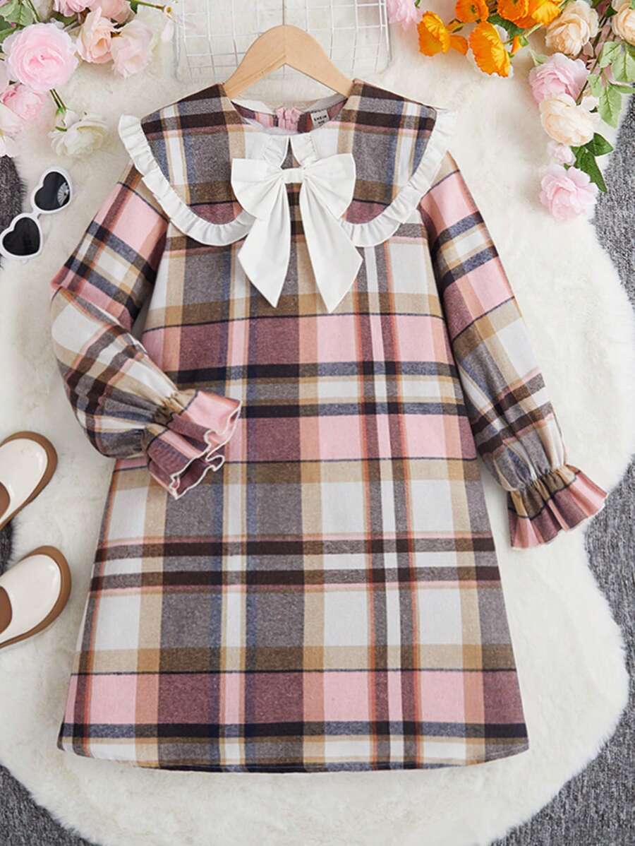 SHEIN 少女蝴蝶結前方聲明領襯衫袖子格紋洋裝 - 彩色 - 查看 1