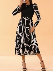 SHEIN Tall Của phụ nữ Vá lại In Ống tay áo Đầm - màu đen - Xem 5