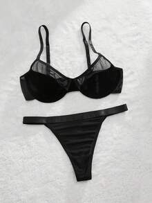 SHEIN Women's Black Mesh Splicing Lingerie Set - Black - View 3