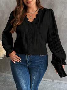 Vionelle 大碼純色v領燈籠袖襯衫,帶蕾絲下擺,時尚百搭 - 黑色 - 查看 1