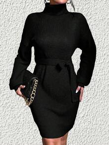 SHEIN Privé 女士高領燈籠袖毛衣裙 - 黑色 - 查看 6