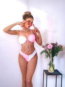 SHEIN Swim Women's Lettuce Trim Bikini Set Bow Tie Front Bra & Bikini Bottom Bikini Set For Summer Beach - White - View 3