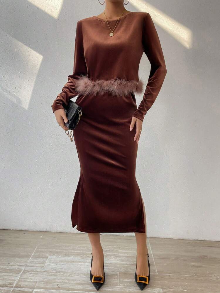 2pcs/set T-shirt With Frayed Hem And Skirt With Split Hem