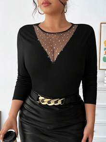 Celure Áo thun lưới tương phản cỡ lớn cho nữ - màu đen - Xem 5