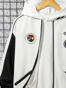 SHEIN Chico adolescente Cazadora tipo bomber con parche de letra ribete de rayas de hombros caídos - Multicolor - Ver 4