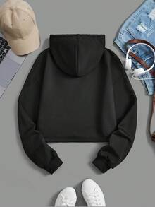 SHEIN EZwear Sudadera Con Capucha Y Cordón De Color Liso - Negro - Ver 2