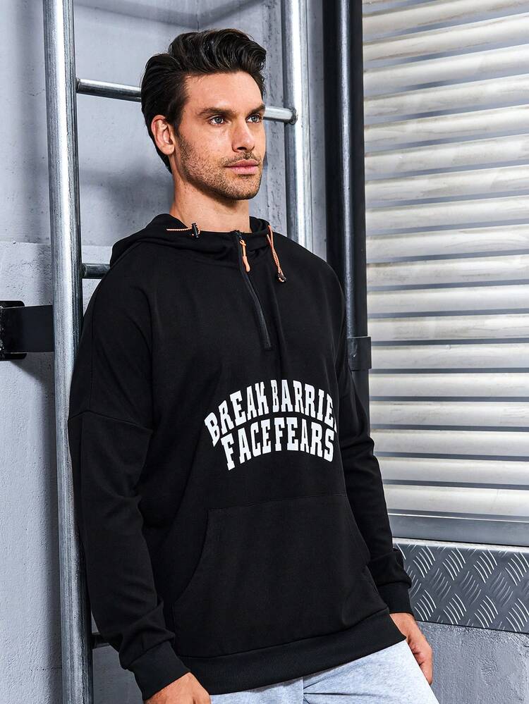 Men's Slogan Print Drawstring Hooded Track Jacket Workout Tops Sports Jacket