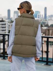 SHEIN Essnce Women's Solid Color Zipper Front Casual Padded Vest Puffer Jacket, Winter Clothes - Army Green - View 2