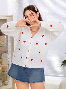 SHEIN Qutie Của phụ nữ Kích thước lớn Thêu trái tim Tay Raglan Nút-Mặt trước Áo len Mở - trắng - Xem 1