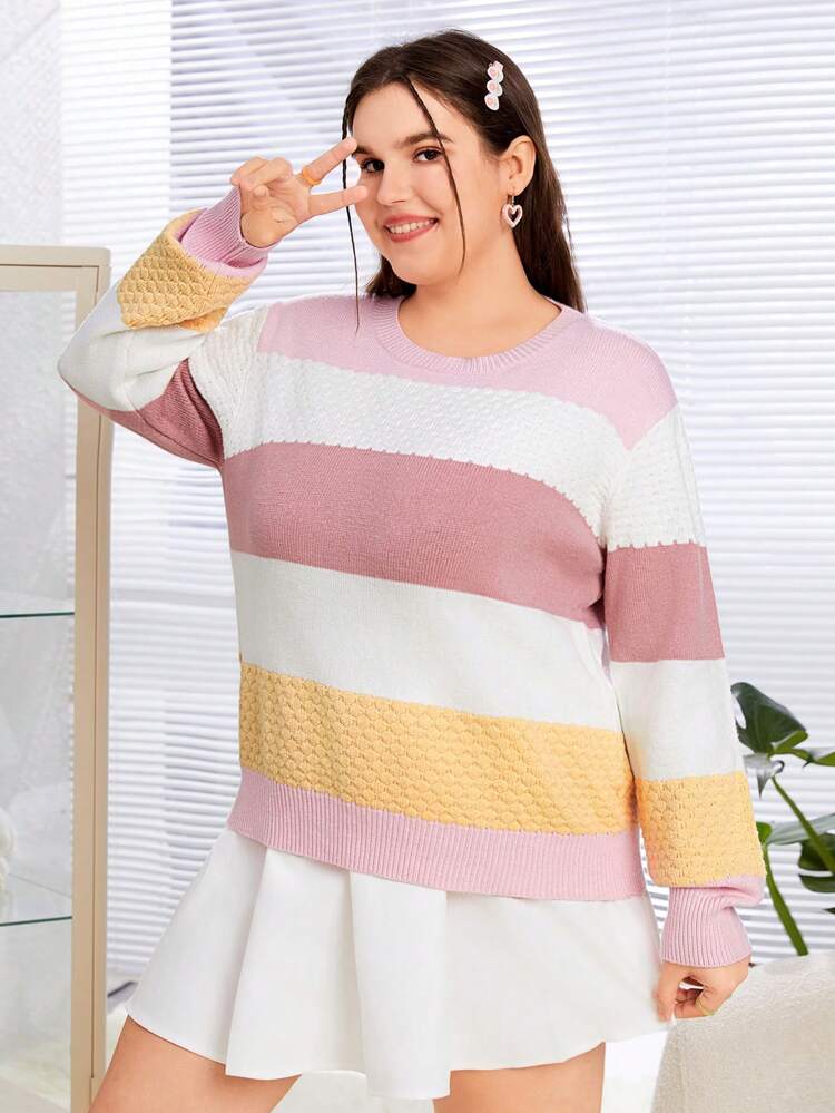 Plus Size Color-Block Striped Round Neck Sweater