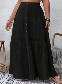SHEIN VCAY Plus Size Front Button Pleated Summer Skirt - Black - View 1