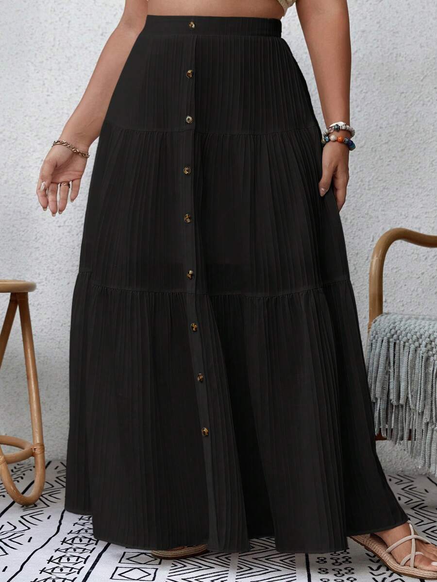 SHEIN VCAY Plus Size Front Button Pleated Summer Skirt - Black - View 1