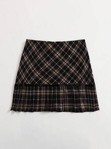 SHEIN EZwear Plaid Printed Pleated Hem Skirt - Brown - View 2