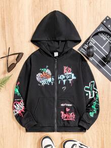 SHEIN Tween Girl Letter Graphic Zip Up Hooded Jacket - Black - View 1