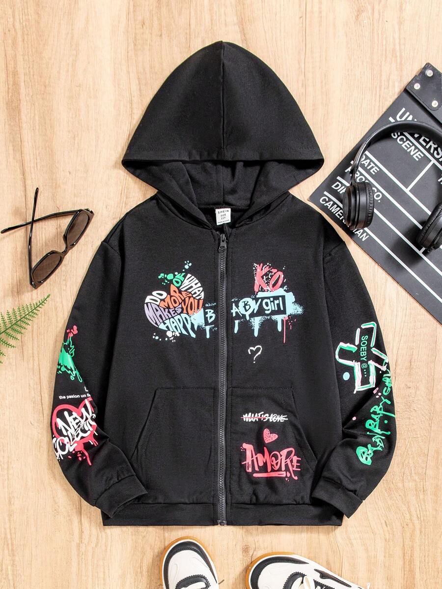 SHEIN Tween Girl Letter Graphic Zip Up Hooded Jacket - Black - View 1