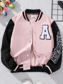 SHEIN Tween Girl Color Block Baseball Jacket With Letter Patch - Multicolor - View 1