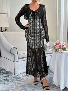 SHEIN Privé Lace Short Jacket & Mermaid Hem Dress Two Piece Set Fall Cloth For Women - Black - View 2