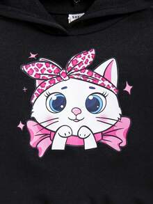 SHEIN Em bé Cô gái Dễ thương Giải trí Hình con mèo Áo nỉ có mũ Và Dài Quần Bộ - màu đen - Xem 6