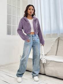 SHEIN EZwear Women's 3d Ear Hooded Jacket - Lilac Purple - View 3