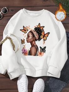 INAWLY Women's Character & Butterfly Printed Fleece Sweatshirt - White - View 6