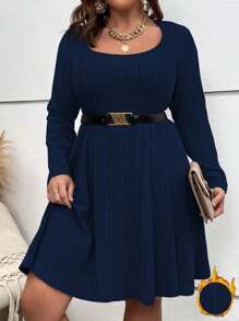 SHEIN Clasi Vestido tejido de canalé de cuello scoop sin cinturón - Azul Marino - Ver 1