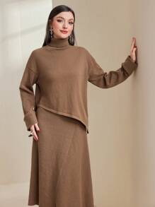 Modelyn 女士高领不对称下摆毛衣和针织裙套装 2 件套 - 咖啡棕 - 查看 3