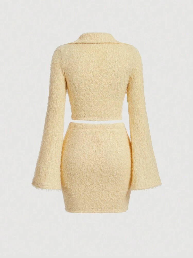 Solid Button Front Crop Fuzzy Top & Bodycon Skirt