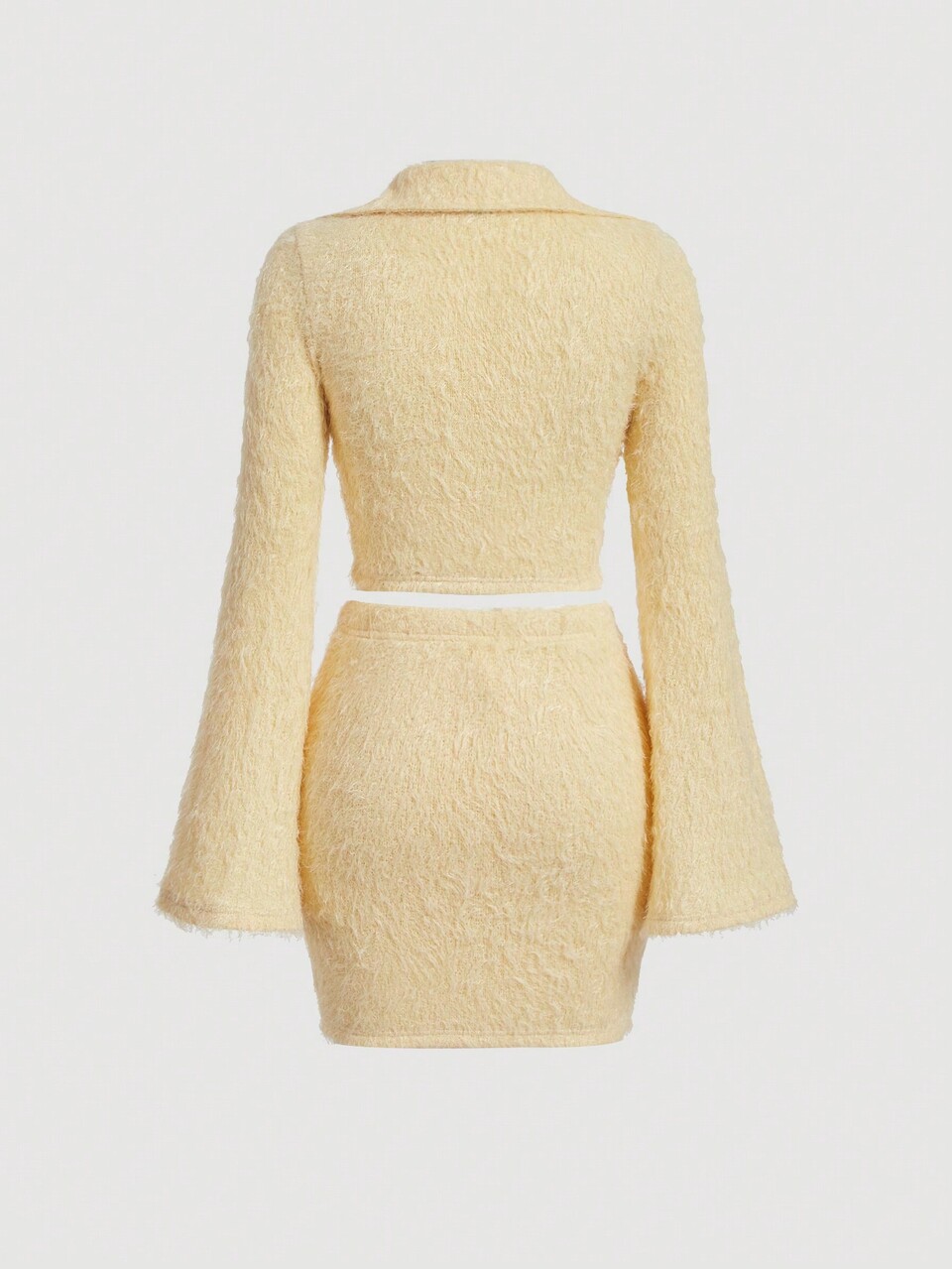 Solid Button Front Crop Fuzzy Top & Bodycon Skirt
