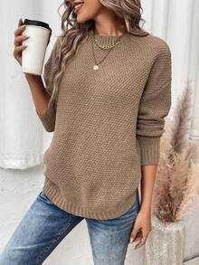 SHEIN LUNE Women's Round Hem Texture Loose Sweater - Mocha Brown - View 4