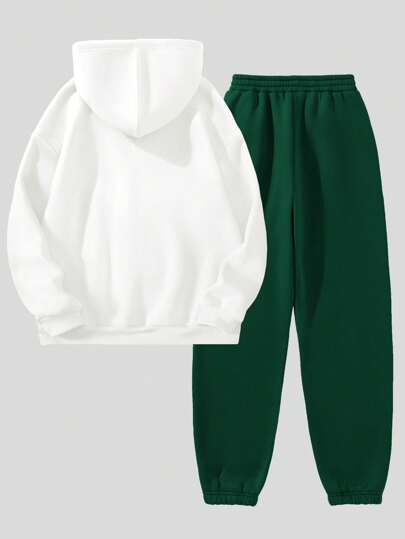 SHEIN MOOSTA Women's Letter Printed Hooded Sweatshirt And Pants Set With Drawstring