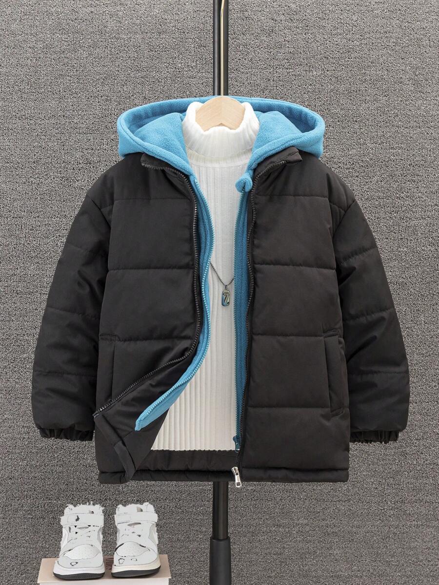 Boys' Casual 2 in 1 Hooded Warm Jacket For Fall/winter, Home And Outdoor - Black - View 1