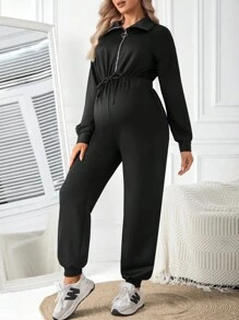 SHEIN Maternity Half Zipper Jumpsuit - Black - View 1