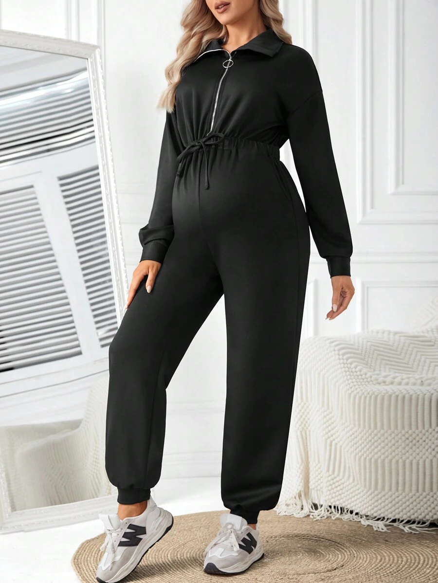 SHEIN Maternity Half Zipper Jumpsuit - Black - View 1