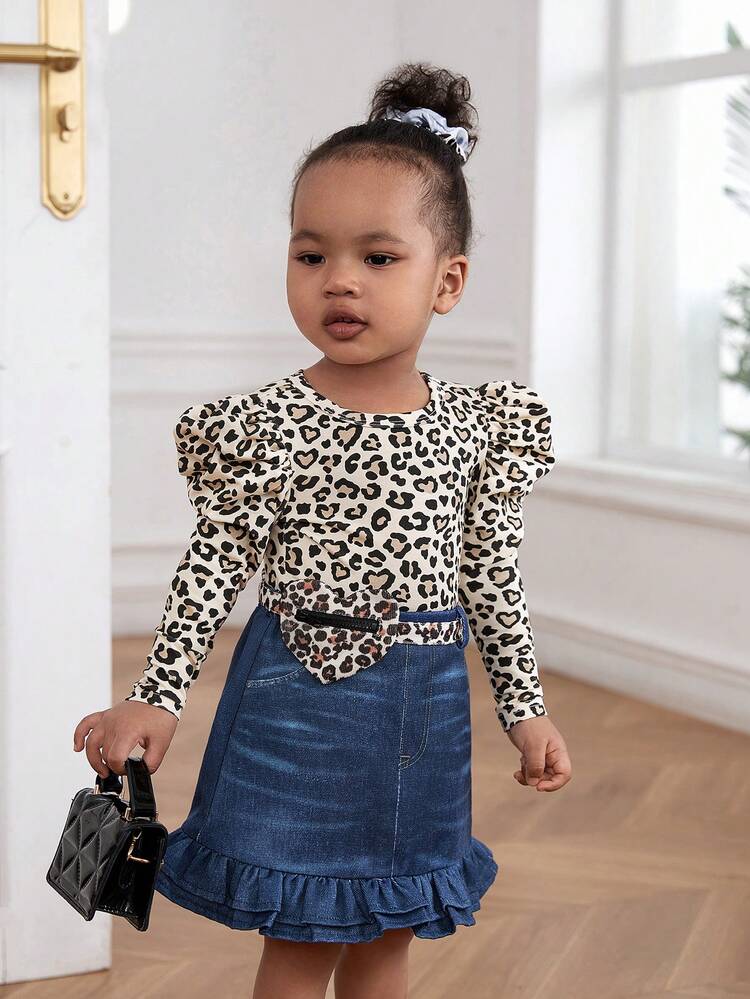 Baby Girls' Casual Leopard Print Puff Sleeve Top, Denim Effect Skirt With Elastic Waistband, Fanny Pack Set