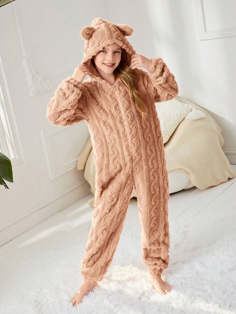 SHEIN Cô gái Dệt kim Màu thuần Dệt hoa Lông cừu áo có mũ Lỏng lẻo phù hợp Một miếng Áo liền quần Đối với Nhà  Mặc - Lạc đà - Xem 1