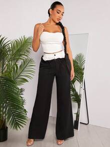 SHEIN SXY Women's Contrast Color Elastic Waist Wide Leg overalls Pants - Black and White - View 6