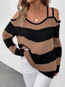 SHEIN Clasi Color Block Striped Long Sleeve Women Sweater - Multicolor - View 3