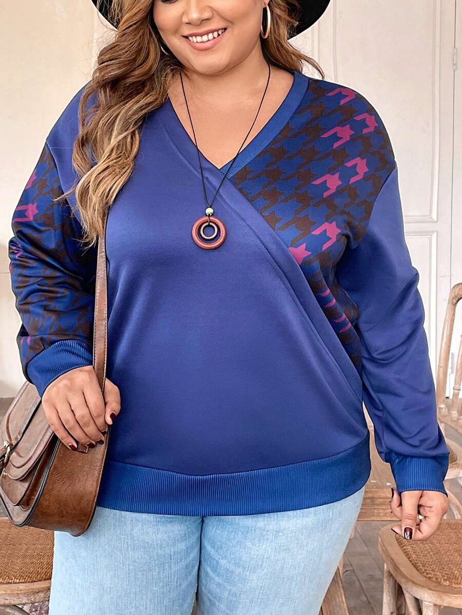 EMERY ROSE Plus Houndstooth Print Drop Shoulder Sweatshirt - Royal Blue - View 1